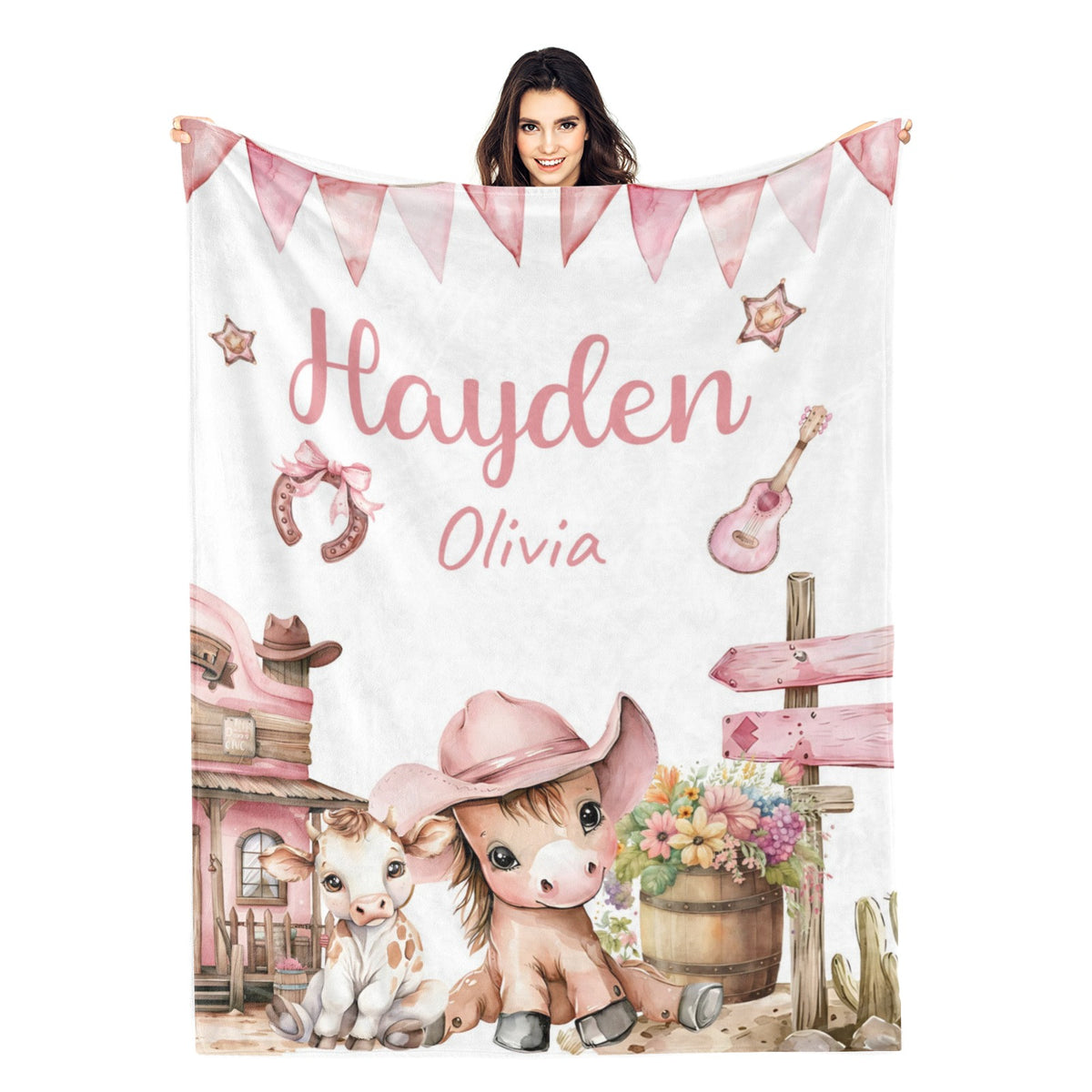 Personalized Western Cowgirl Animal Name Blanket - Gifts for Kids