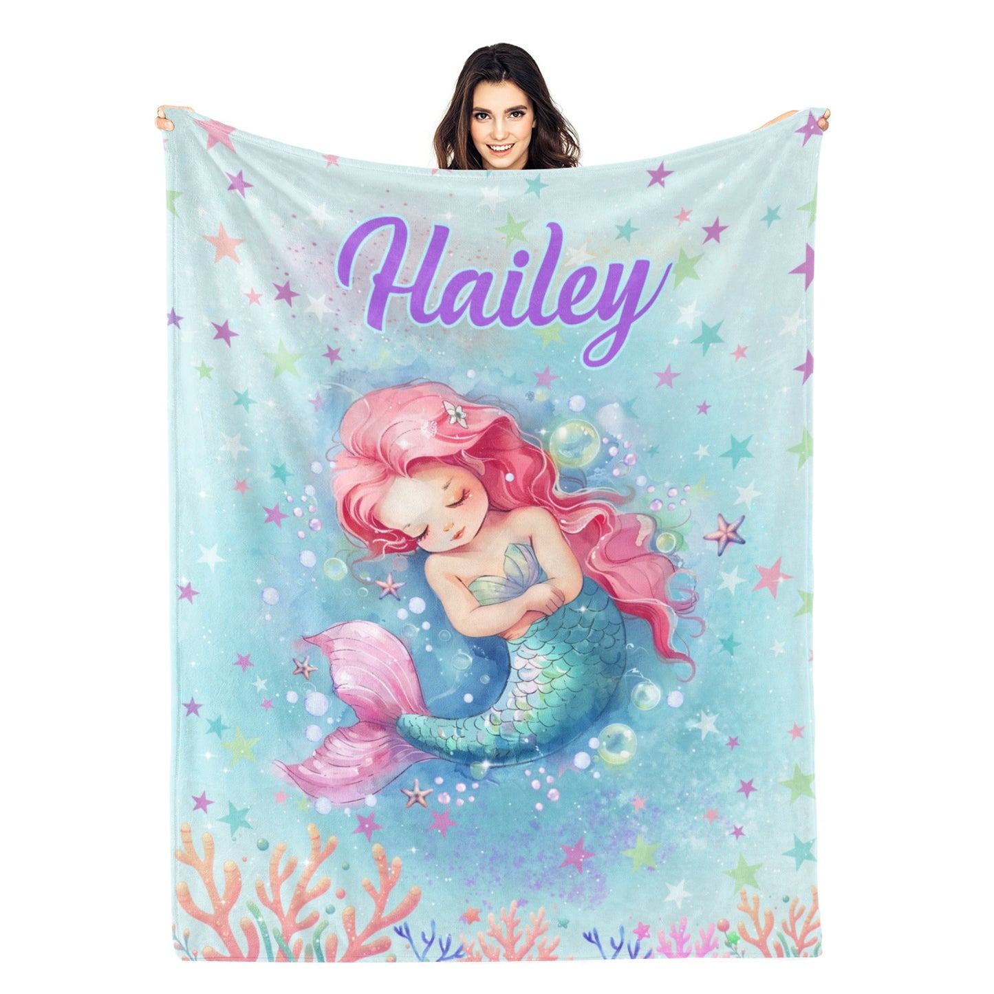 Personalized Cute Mermaid Girl Name Blanket - Gifts for Kids