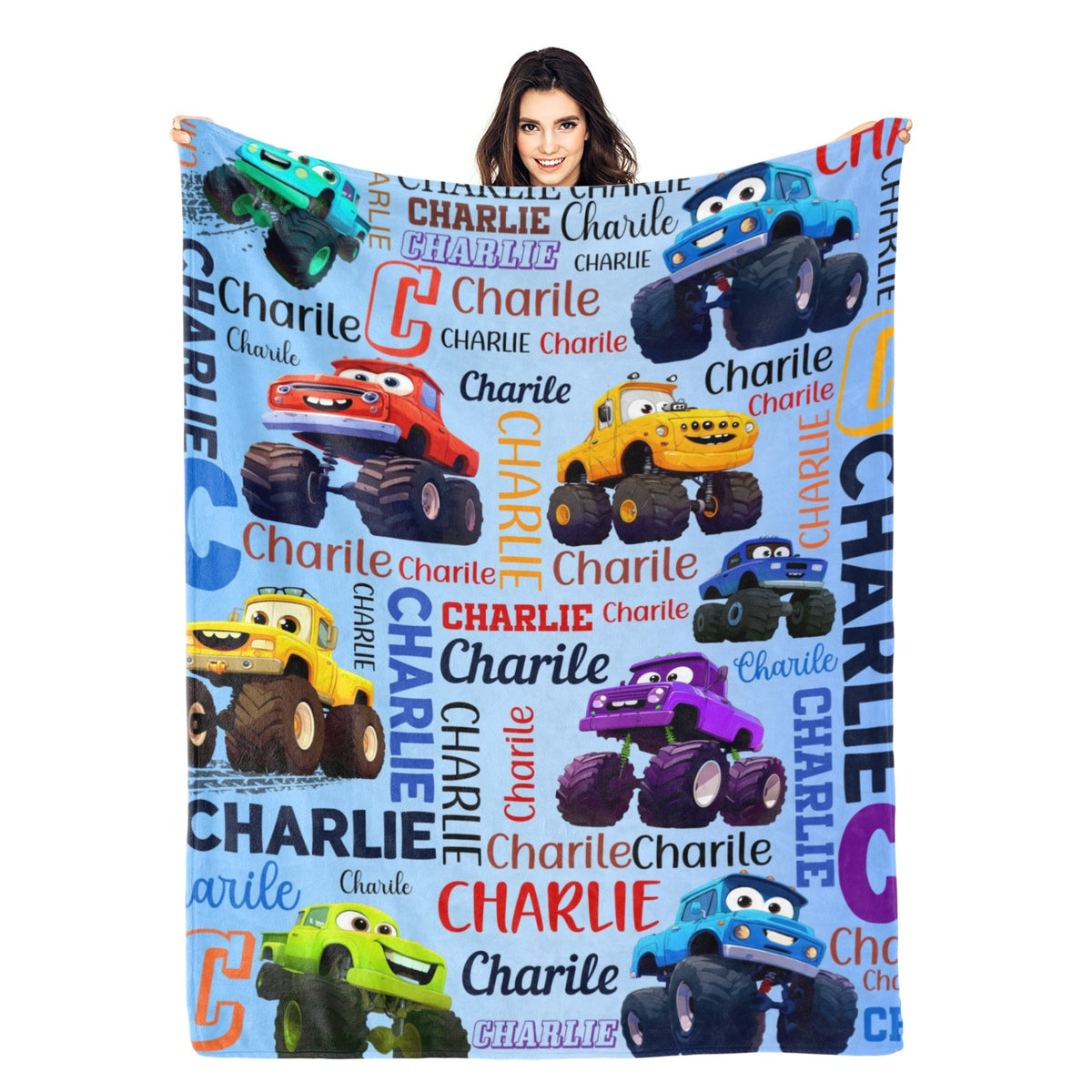 Personalized Cartoon Monster Truck Boy Name Blanket - Gift for Kids