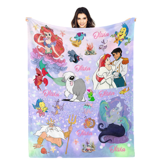 Personalized Watercolor Cute Mermaid Kids Name Blanket - Gift for Kids