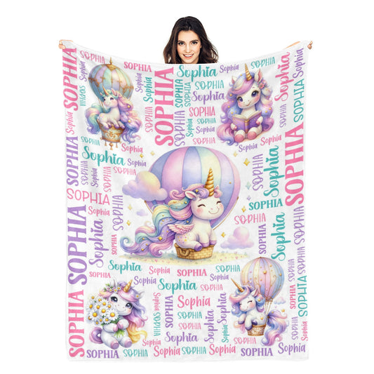 Personalized Cute Unicorn Girls Name Blanket - Gift for Kids