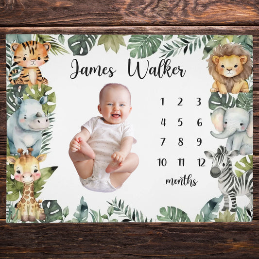Personalized Jungle Animal Milestone Blanket - Gift for Baby