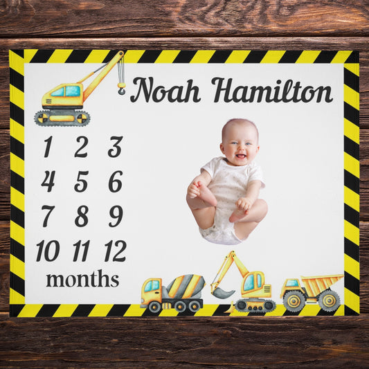 Personalized Construction Excavator Truck Milestone Baby Name Blanket - Gift for Baby