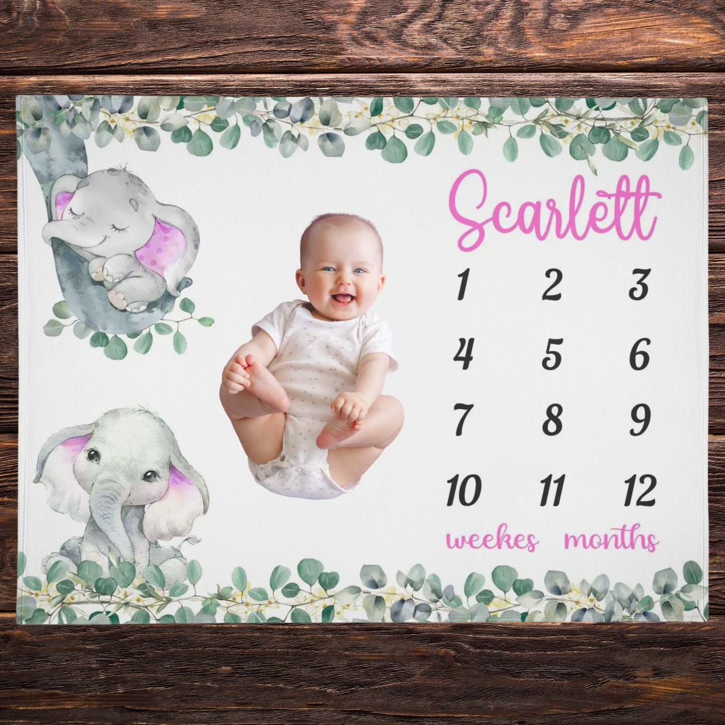 Personalized Watercolor Elephant Milestone Baby Name Blanket - Gift for Baby