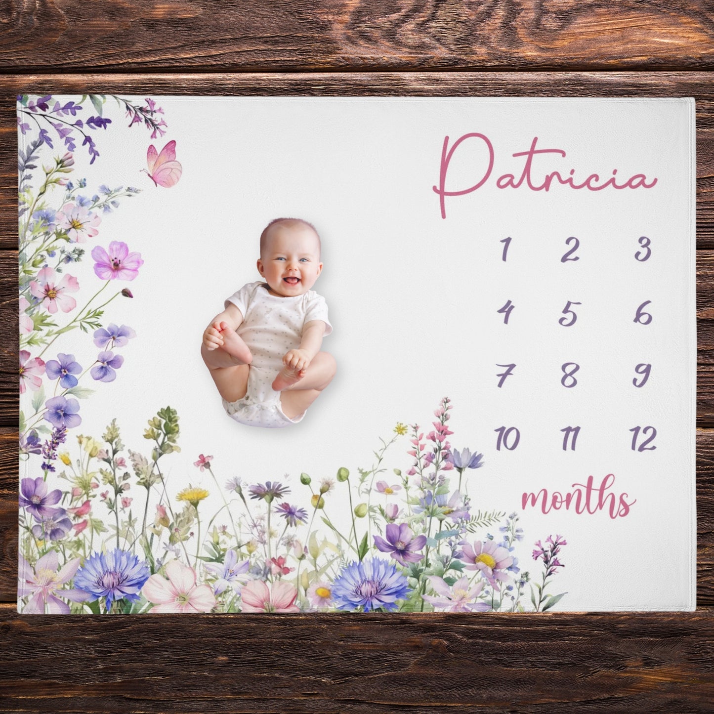 Personalized Watercolor Flower Milestone Baby Name Blanket -  Gift for baby