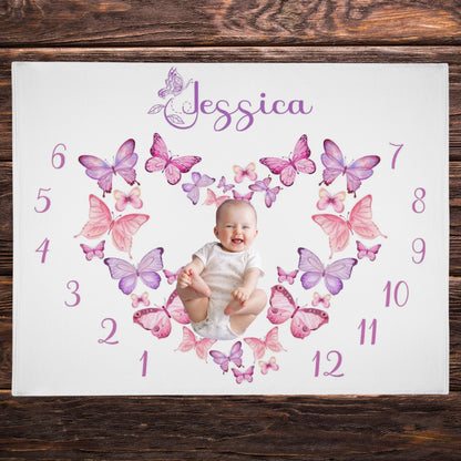 Personalized Heart Shape Butterfly Milestone Name Blanket - Gift for Baby