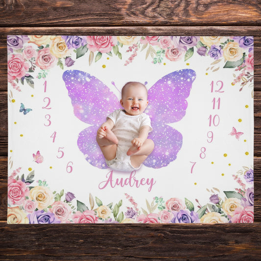 Personalized Flowers Butterfly Milestone Blanket Baby Name Blanket - Gift for Baby