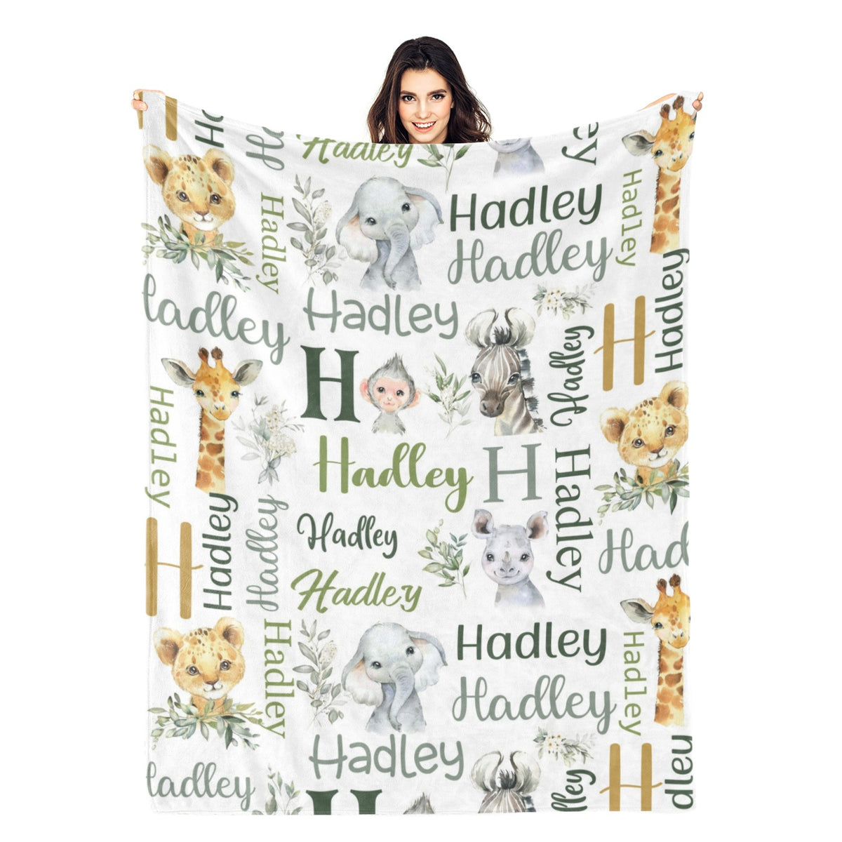 Personalized Watercolor Cute Wild Animal Baby Kids Name Blanket - Gift for Kids