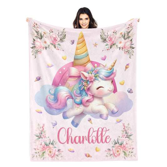 Personalized Unicorn Flowers Name Blanket - Gift for Kids