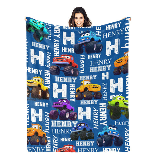 Customized Cartoon Monster Truck Name Blanket - Gift for Kids