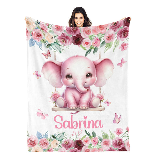 Personalized Watercolor Baby Elephant Garden Name Blanket - Gift for Baby