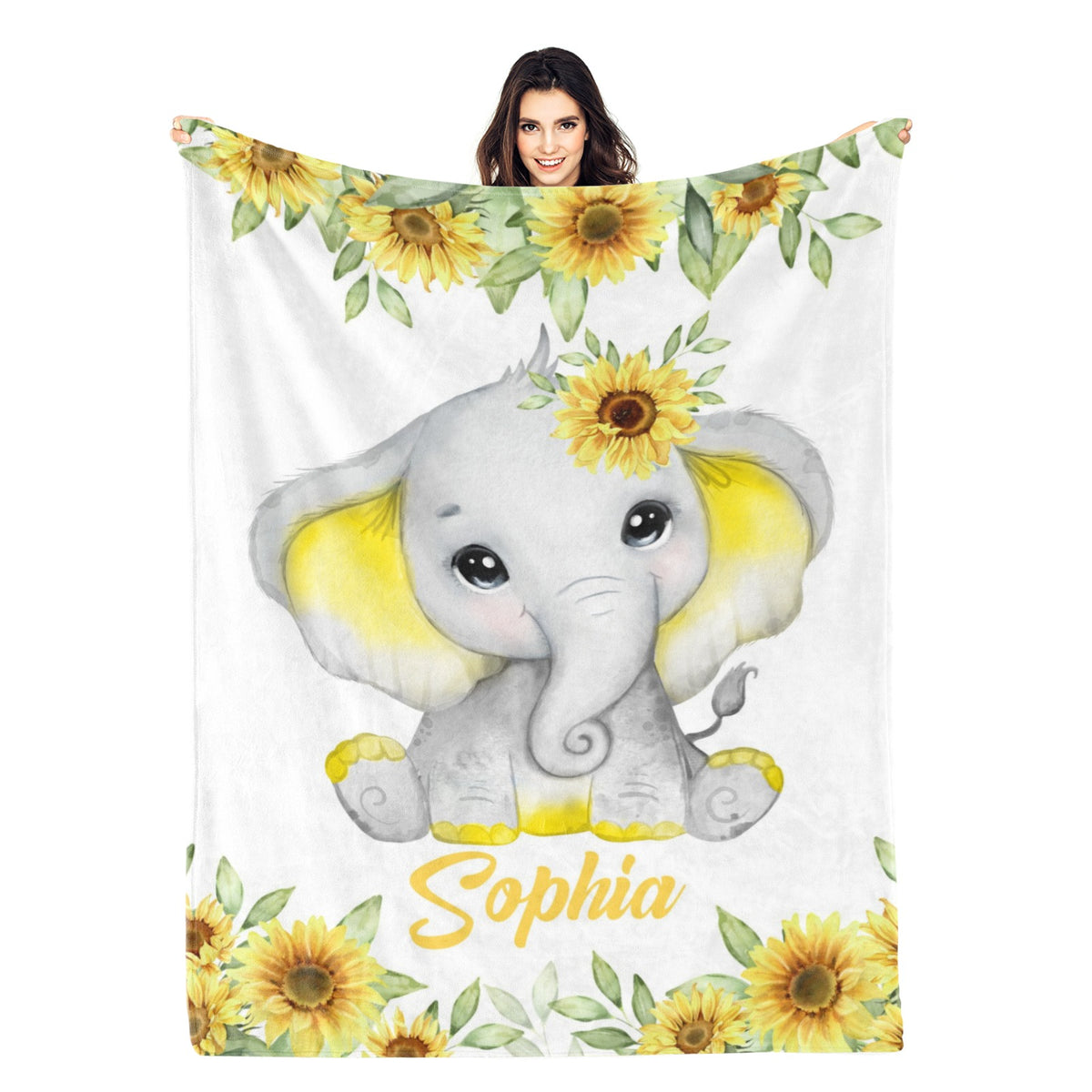 Personalized Custom Sunflower Elephant Name Blanket - Gift for Kids