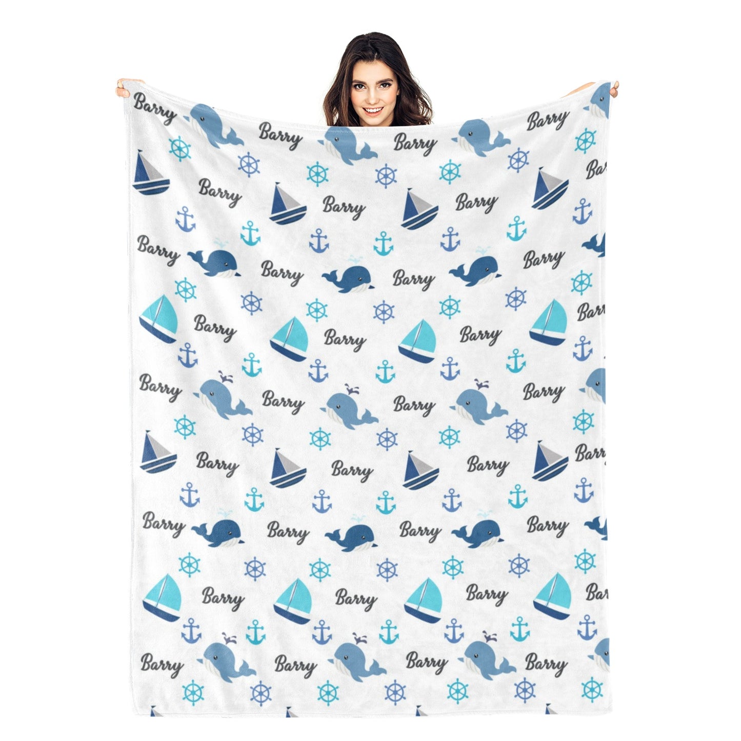 Personalized Blue Whale Baby Name Blanket - Gift for Kids