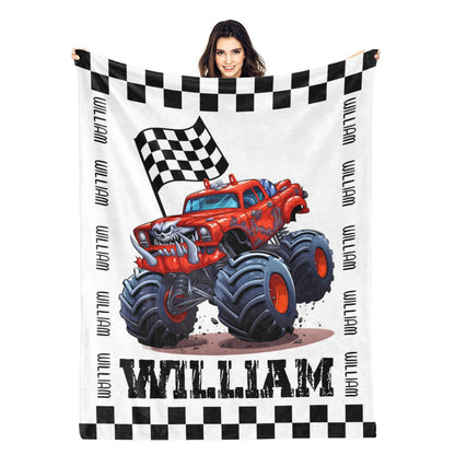 Personalized Boy Monster Truck Themed Name Blanket - Gift for Kids