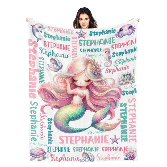 Personalized Gradient Fantasy Mermaid Girl Name Blanket - Gift for Kids