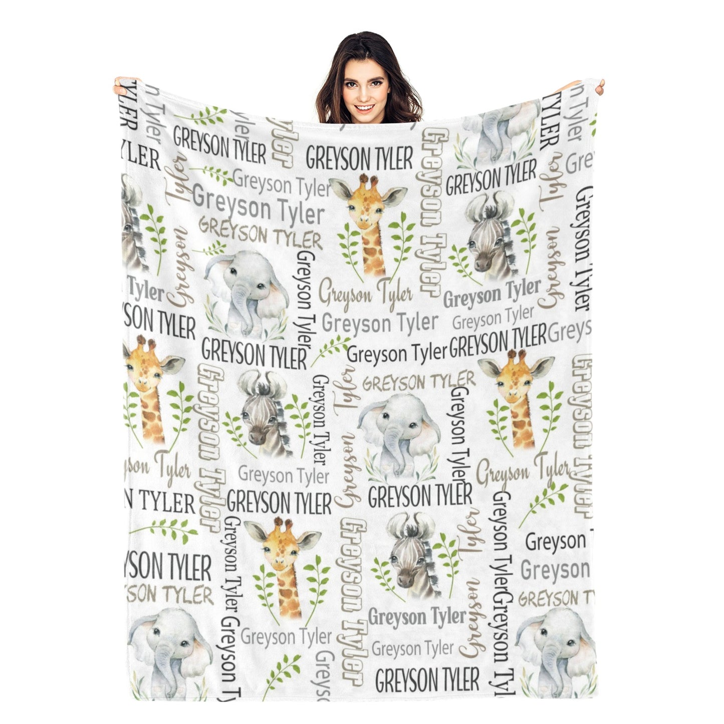 Personalized Safari Animal Elephant Name Blankets - Gift for Kids