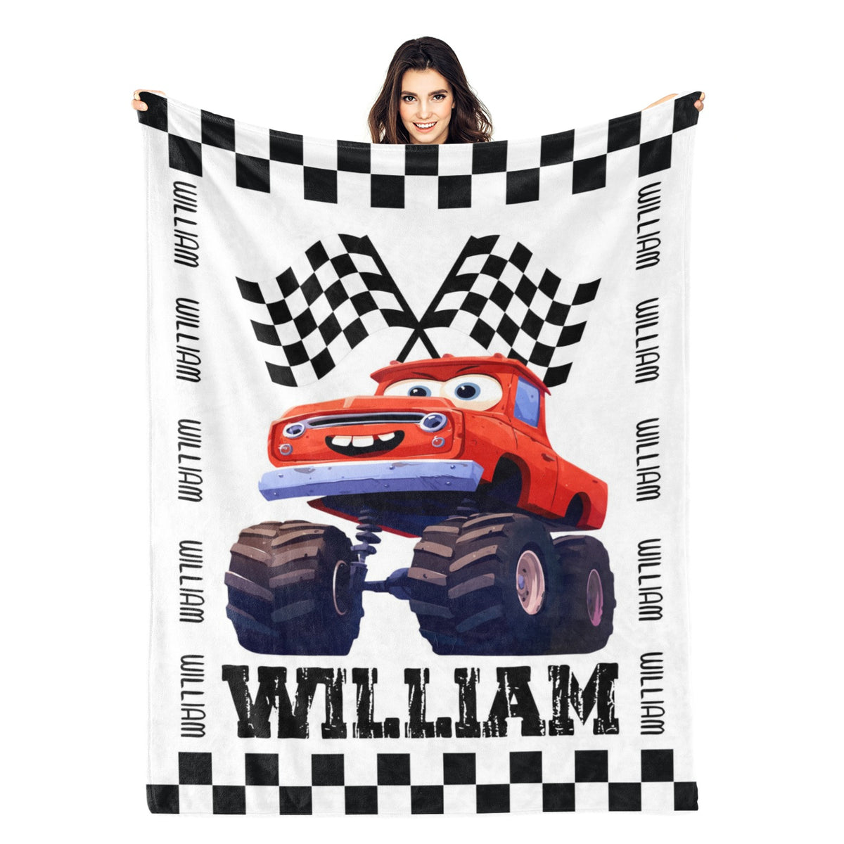 Personalized Custom Boy Monster Truck Themed Name Blanket - Gift for Kids