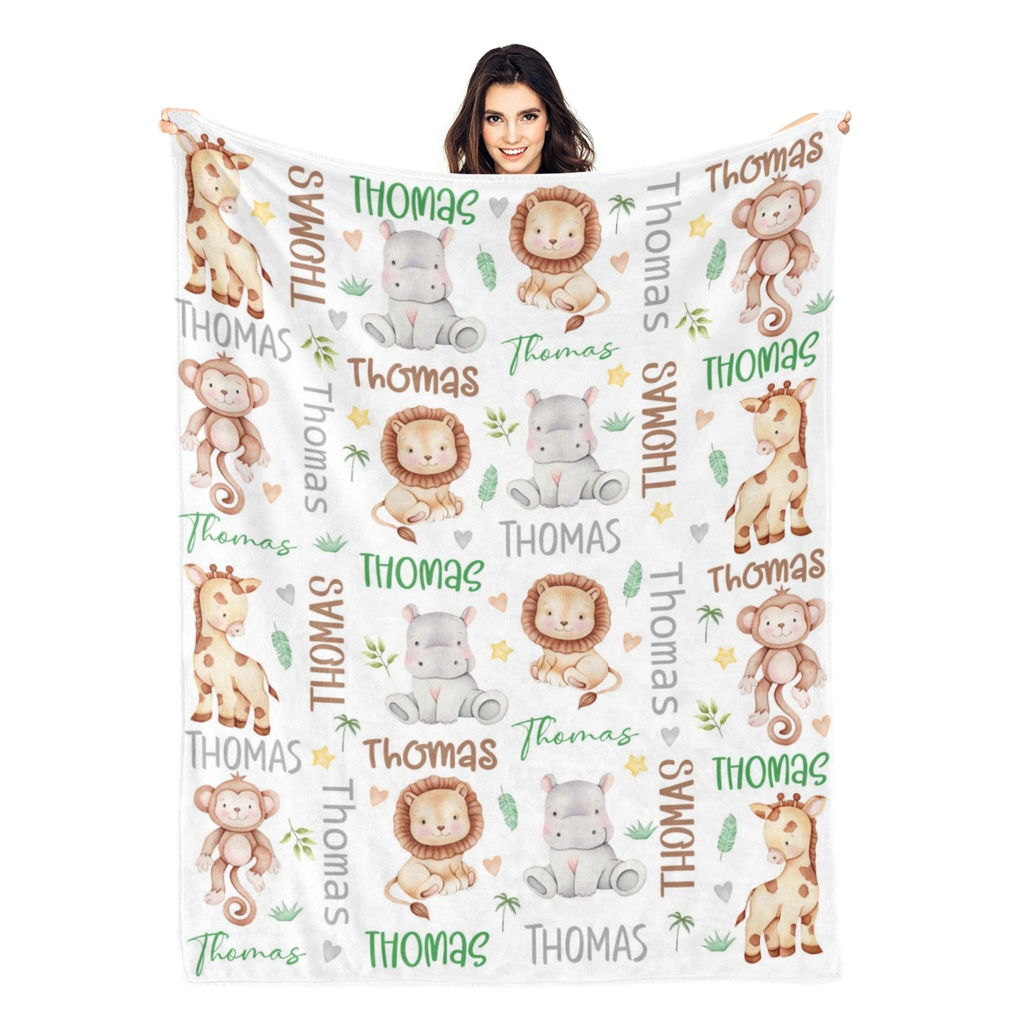 Personalized Cute Safari Animal Name Blankets - Gift for Kids