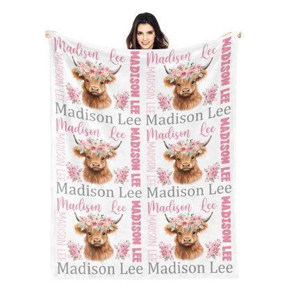 Personalized Pink Floral Collection Cow Girl Name Blanket - Gift for Kids