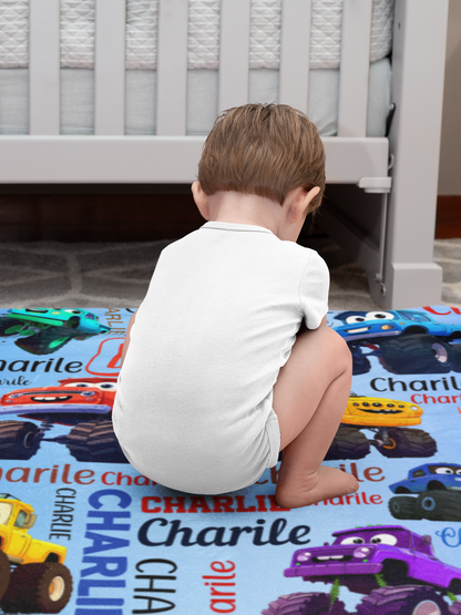 Personalized Cartoon Monster Truck Boy Name Blanket - Gift for Kids