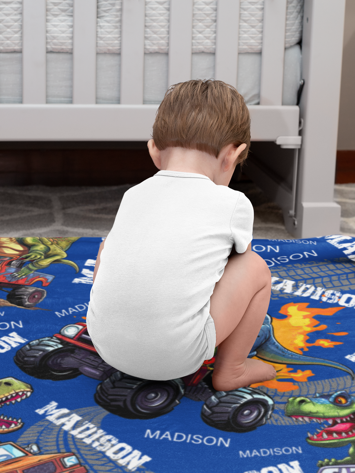 Personalized Dinosaurs Truck Themed Name Blanket - Gift for Kids