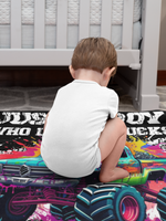 Personalized colorful monster truck themed name blanket - Kids gift