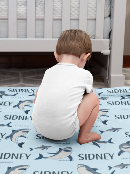 Personalized Blue Cute Shark Name Blanket - Gift for Kids