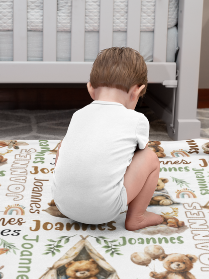 Personalised Watercolour Brown Bear Kids Name Blanket - Gift for Kid