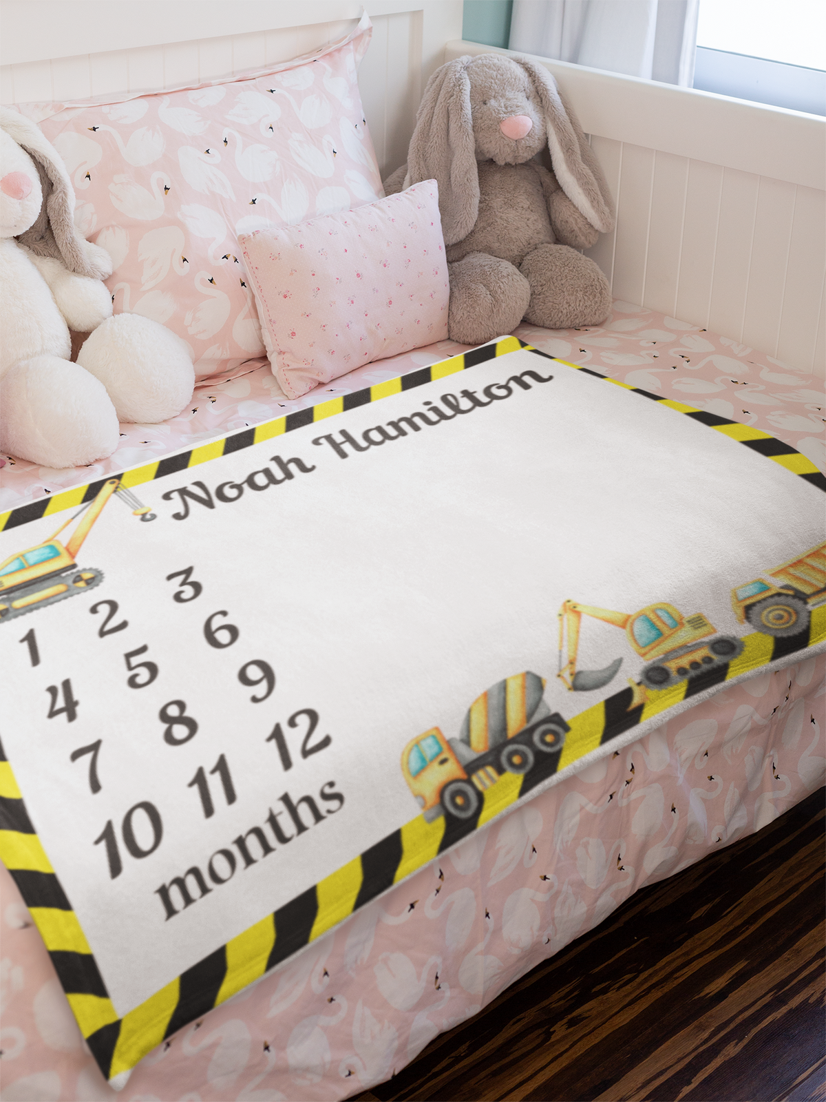 Personalized Construction Excavator Truck Milestone Baby Name Blanket - Gift for Baby