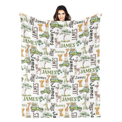 Personalized Cute Safari Animals Name Blanket - Gift for Kids