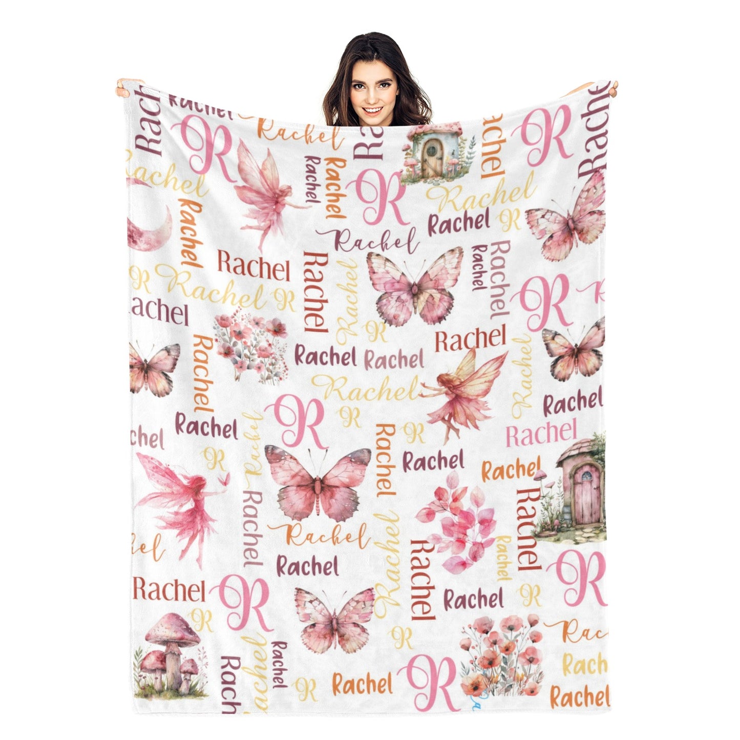 Personalized Watercolor Butterfly Fairy Girls Name Blanket - Gift for Kids