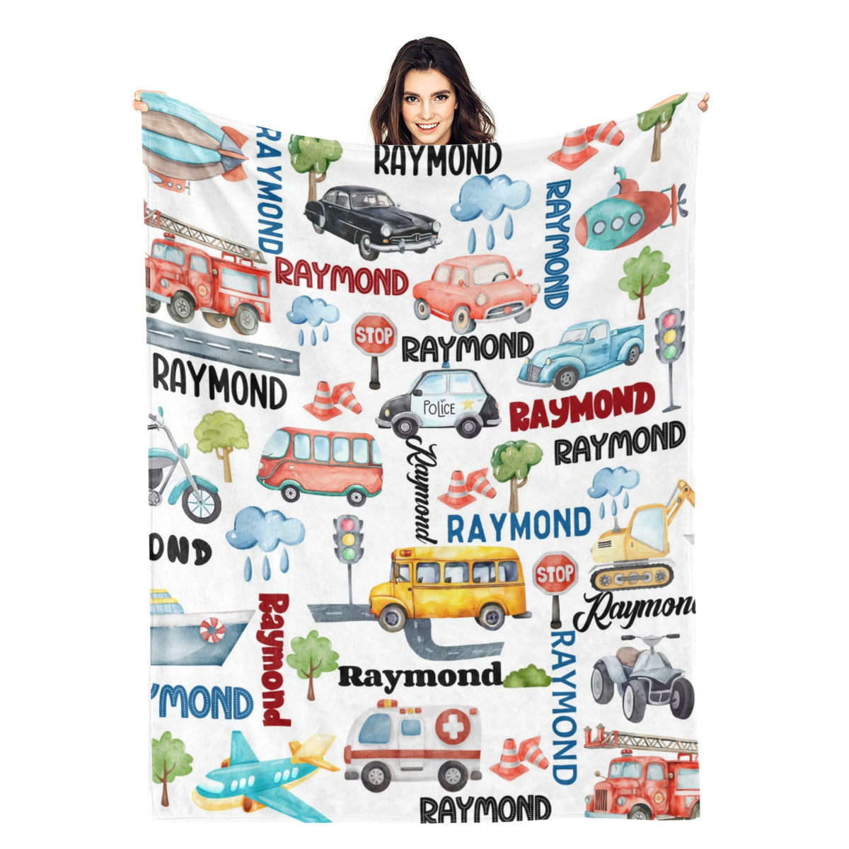 Personalised Watercolour Traffic Name Blanket - Gift for Kids