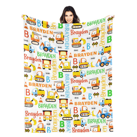 Personalized Cute Excavating Truck Name Blanket - Gift for Kids