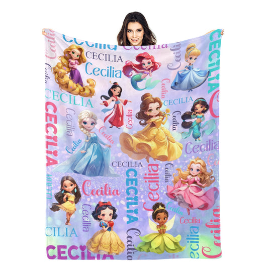 Personalized Customized Cute Cartoon Princess Name Blanket - Gift for Kids