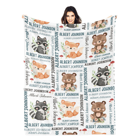 Personalized Watercolor Animal Arrangement Name Blanket - Gift for Kids