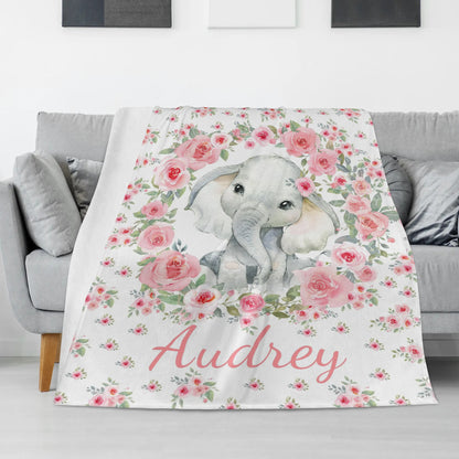 Personalized Watercolor Elephant Pink Floral Baby Name Blanket - Gift for Baby