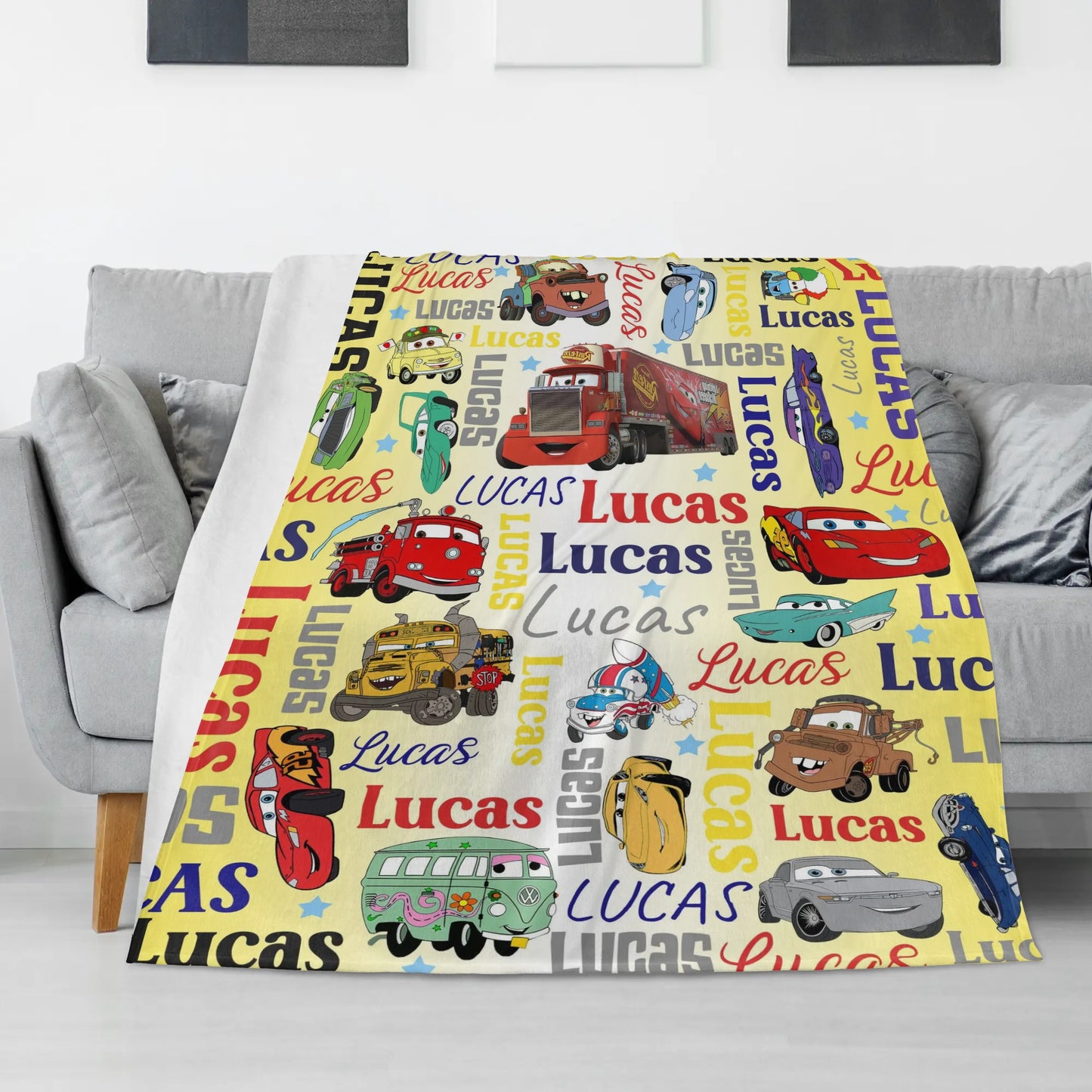 Personalized Cartoon Cars Name Blanket - Gift for Kids