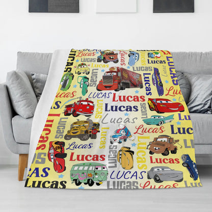 Personalized Cartoon Cars Name Blanket - Gift for Kids