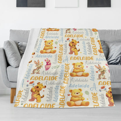 Personalized Cartoon Animal Friends Name Blankets - Gift for Kids