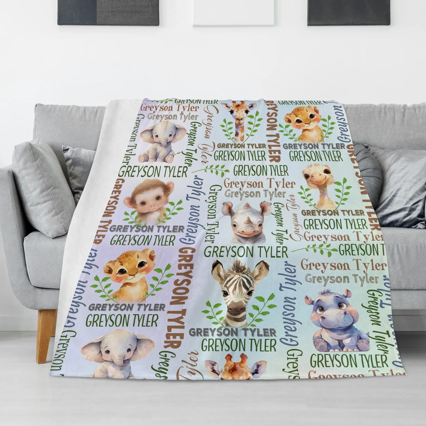 Personalized Watercolor Jungle Animals Name Blanket - Gift for Kids