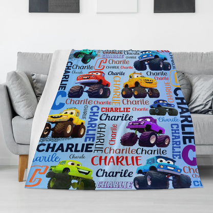 Personalized Cartoon Monster Truck Boy Name Blanket - Gift for Kids