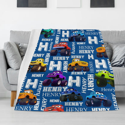 Customized Cartoon Monster Truck Name Blanket - Gift for Kids