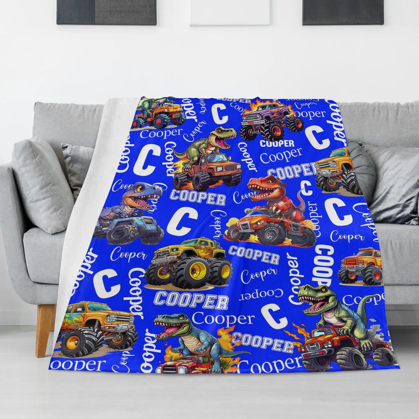 Customized Cartoon Monster Truck Dinosaur Name Blanket - Gift for Kids