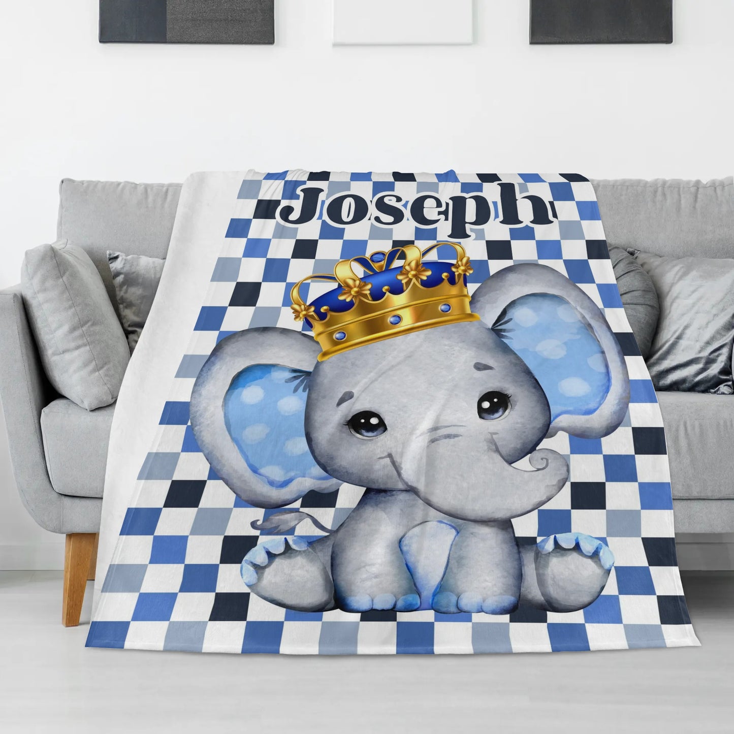 Personalized Elephant Plaid Name Blanket - Gifts for Kids