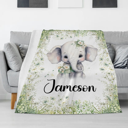 Personalized Flower and Elephant Name Blanket - Gifts for Baby - Baby Shower