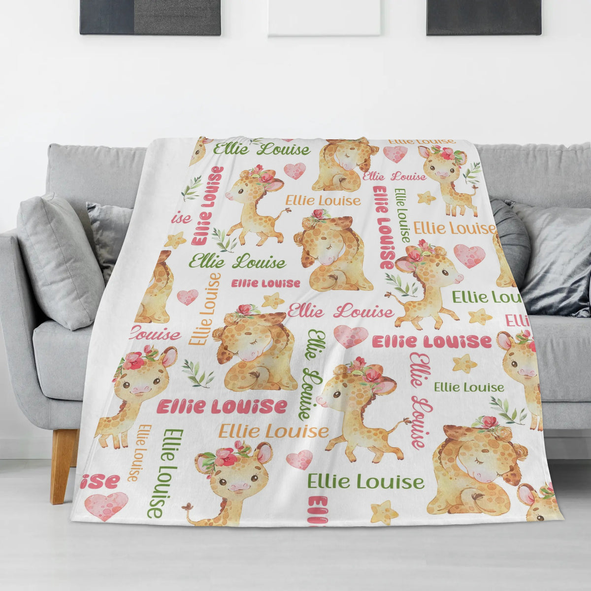 Personalized Watercolor Flowered Deer Name Blanket - Gift for Kids