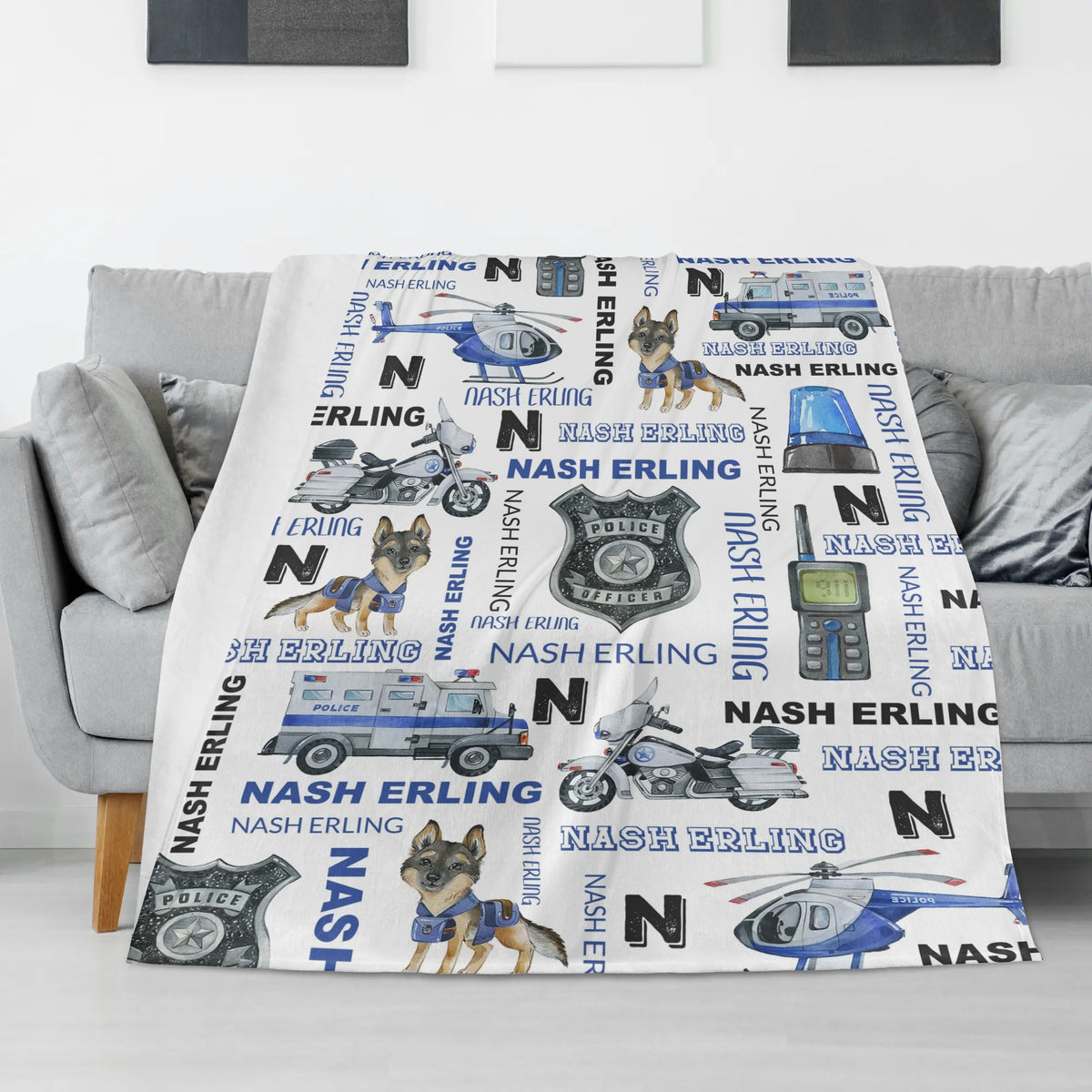 Personalized Watercolor Police Series Name Blanket - Gift for Kids