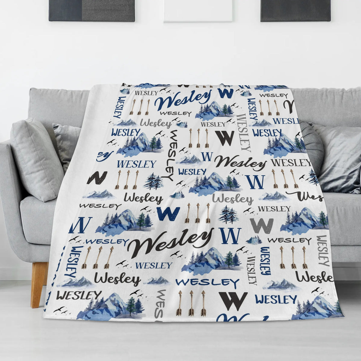 Personalized watercolor mountains and rivers name blanket - gift for kids