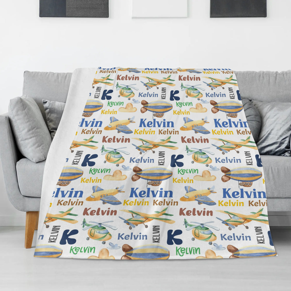 Personalized Watercolor Airplane Name Blankets - Gift for Kids