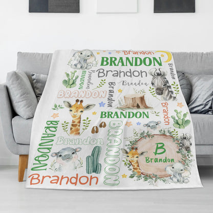 Personalized Cute Safari Animals Name Blankets - Gift for Kids